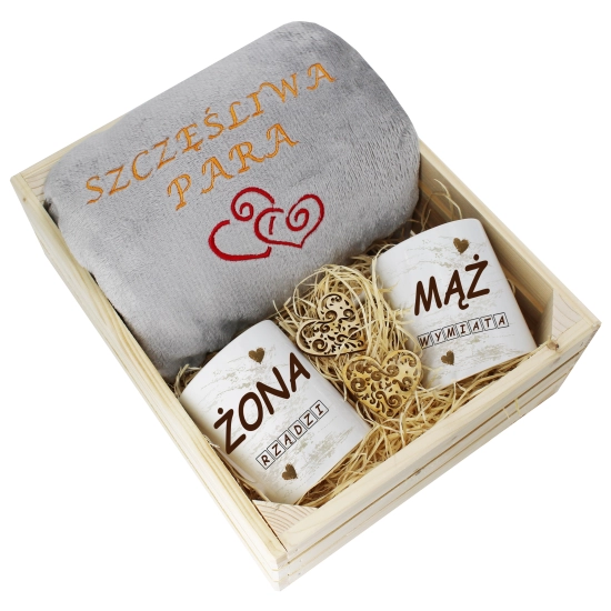 PREZENT ŚLUBNY ZESTAW KOC 160x200 + KUBKI ŻONA MĄŻ