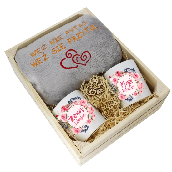 PREZENT ŚLUBNY ZESTAW KOC 160x200 + KUBKI ŻONA MĄŻ