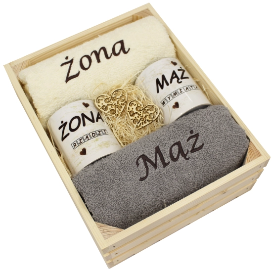 PREZENT ŚLUBNY ZESTAW RĘCZNIKI + KUBKI ŻONA i MĄŻ