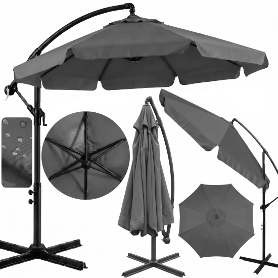 Kolaż zdjęć dużego parasola ogrodowego Solano (350 cm) w kolorze ciemnoszarym: w całości rozłożony z falbaną, złożony, w