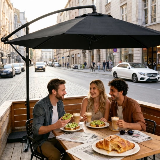 Trzy uśmiechnięte osoby jedzące śniadanie i pijące kawę przy drewnianym stole na zewnętrznym patio, osłonięte eleganckim, czarnym parasolem ogrodowym.