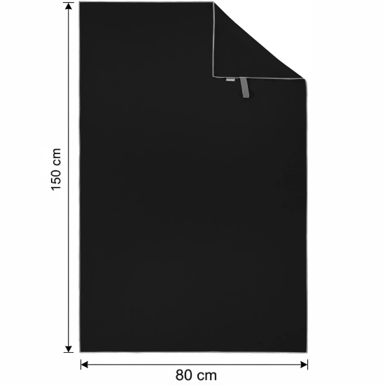 Rozłożony płasko czarny ręcznik szybkoschnący z szarą lamówką i wyraźnie zaznaczonymi wymiarami 150 cm wysokości i 80 cm szerokości