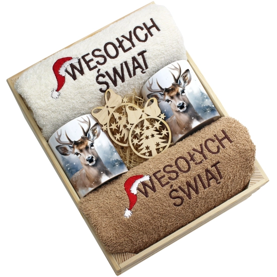 ZESTAW PREZENT ŚWIĄTECZNY KOMPLET KUBKI RĘCZNIKI W SKRZYNCE ŚWIĘTA MIKOŁAJ