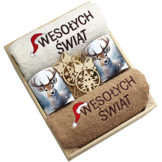 ZESTAW PREZENT ŚWIĄTECZNY KOMPLET KUBKI RĘCZNIKI W SKRZYNCE ŚWIĘTA MIKOŁAJ