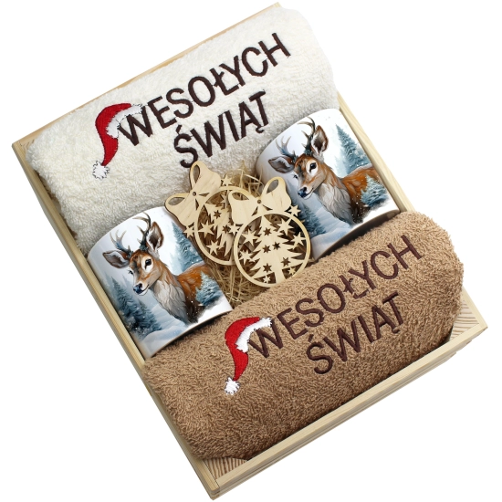 ZESTAW PREZENT ŚWIĄTECZNY KOMPLET KUBKI RĘCZNIKI W SKRZYNCE ŚWIĘTA MIKOŁAJ