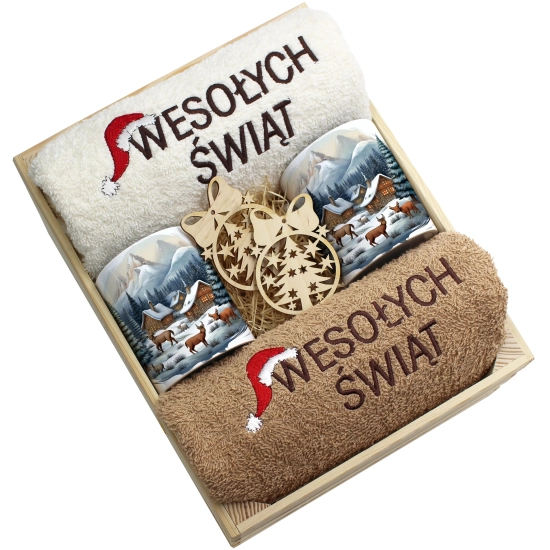 ZESTAW PREZENT ŚWIĄTECZNY KOMPLET KUBKI RĘCZNIKI W SKRZYNCE ŚWIĘTA MIKOŁAJ