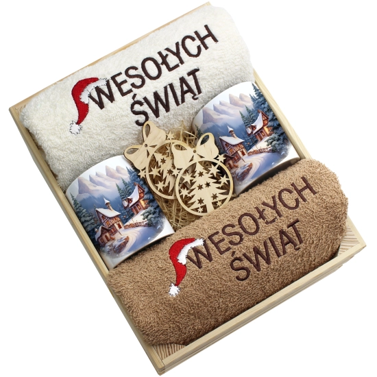 ZESTAW PREZENT ŚWIĄTECZNY KOMPLET KUBKI RĘCZNIKI W SKRZYNCE ŚWIĘTA MIKOŁAJ