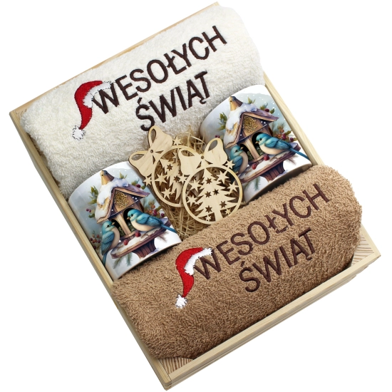 ZESTAW PREZENT ŚWIĄTECZNY KOMPLET KUBKI RĘCZNIKI W SKRZYNCE ŚWIĘTA MIKOŁAJ