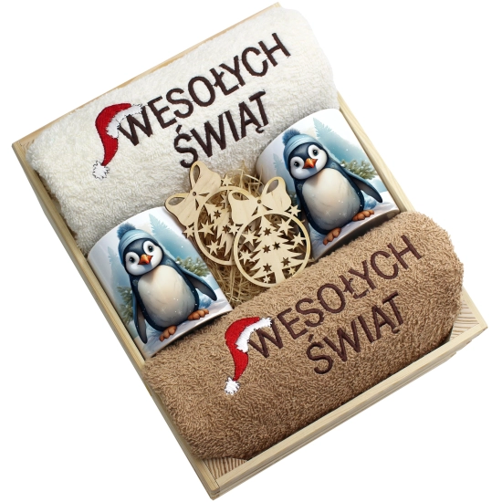ZESTAW PREZENT ŚWIĄTECZNY KOMPLET KUBKI RĘCZNIKI W SKRZYNCE ŚWIĘTA MIKOŁAJ