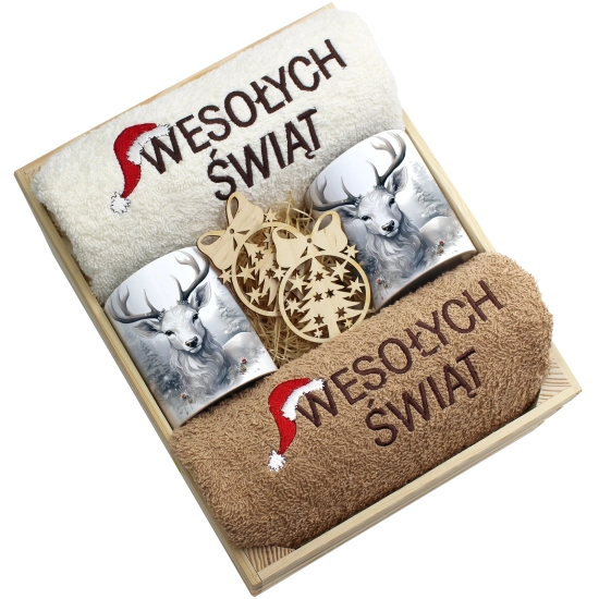 ZESTAW PREZENT ŚWIĄTECZNY KOMPLET KUBKI RĘCZNIKI W SKRZYNCE ŚWIĘTA MIKOŁAJ