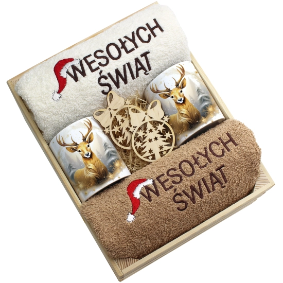 ZESTAW PREZENT ŚWIĄTECZNY KOMPLET KUBKI RĘCZNIKI W SKRZYNCE ŚWIĘTA MIKOŁAJ