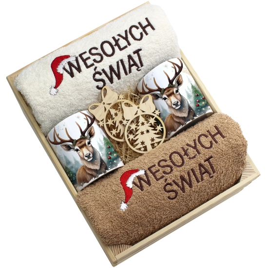 ZESTAW PREZENT ŚWIĄTECZNY KOMPLET KUBKI RĘCZNIKI W SKRZYNCE ŚWIĘTA MIKOŁAJ