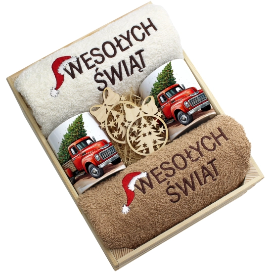 ZESTAW PREZENT ŚWIĄTECZNY KOMPLET KUBKI RĘCZNIKI W SKRZYNCE ŚWIĘTA MIKOŁAJ