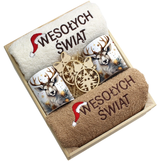 ZESTAW PREZENT ŚWIĄTECZNY KOMPLET KUBKI RĘCZNIKI W SKRZYNCE ŚWIĘTA MIKOŁAJ
