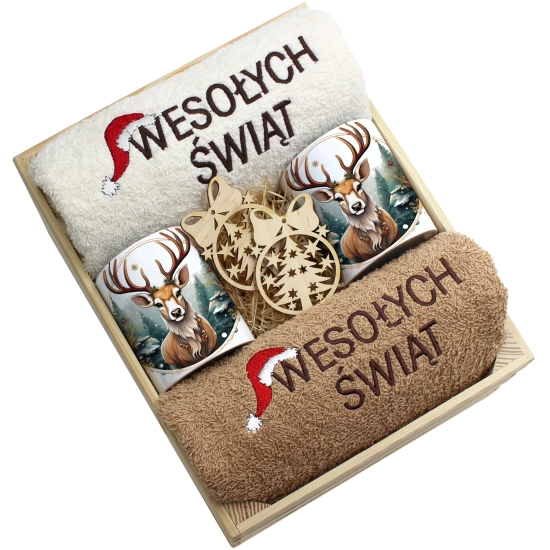 ZESTAW PREZENT ŚWIĄTECZNY KOMPLET KUBKI RĘCZNIKI W SKRZYNCE ŚWIĘTA MIKOŁAJ