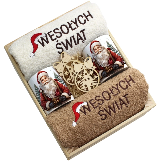 ZESTAW PREZENT ŚWIĄTECZNY KOMPLET KUBKI RĘCZNIKI W SKRZYNCE ŚWIĘTA MIKOŁAJ