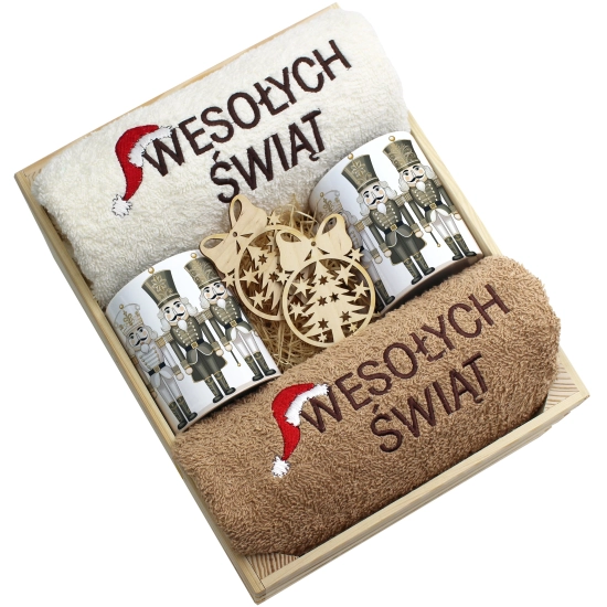 ZESTAW PREZENT ŚWIĄTECZNY KOMPLET KUBKI RĘCZNIKI W SKRZYNCE ŚWIĘTA MIKOŁAJ