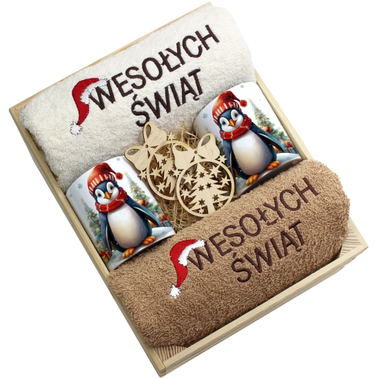 ZESTAW PREZENT ŚWIĄTECZNY KOMPLET KUBKI RĘCZNIKI W SKRZYNCE ŚWIĘTA MIKOŁAJ
