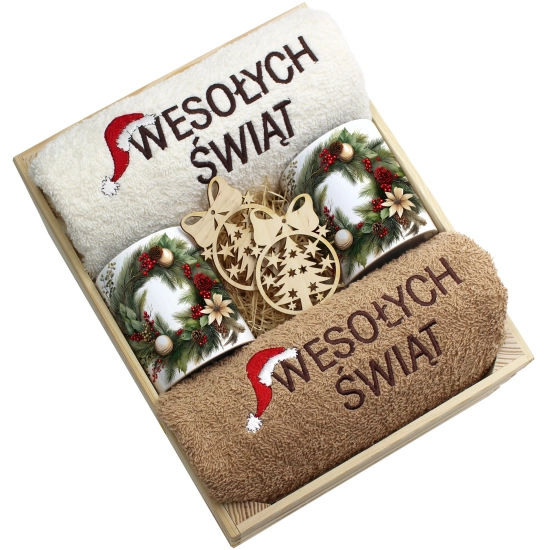ZESTAW PREZENT ŚWIĄTECZNY KOMPLET KUBKI RĘCZNIKI W SKRZYNCE ŚWIĘTA MIKOŁAJ
