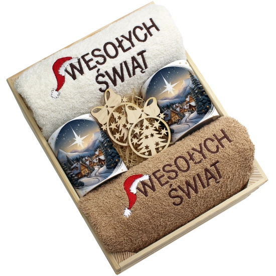 ZESTAW PREZENT ŚWIĄTECZNY KOMPLET KUBKI RĘCZNIKI W SKRZYNCE ŚWIĘTA MIKOŁAJ