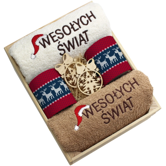 ZESTAW PREZENT ŚWIĄTECZNY KOMPLET KUBKI RĘCZNIKI W SKRZYNCE ŚWIĘTA MIKOŁAJ