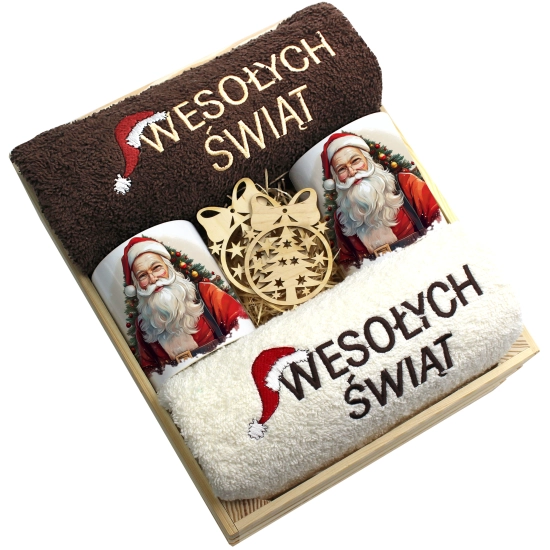 ZESTAW PREZENT ŚWIĄTECZNY KOMPLET KUBKI RĘCZNIKI W SKRZYNCE ŚWIĘTA MIKOŁAJ