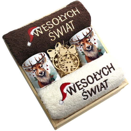 ZESTAW PREZENT ŚWIĄTECZNY KOMPLET KUBKI RĘCZNIKI W SKRZYNCE ŚWIĘTA MIKOŁAJ