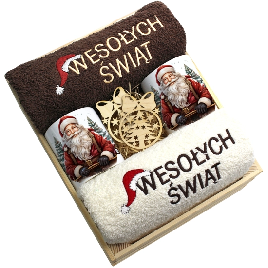 ZESTAW PREZENT ŚWIĄTECZNY KOMPLET KUBKI RĘCZNIKI W SKRZYNCE ŚWIĘTA MIKOŁAJ