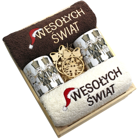 ZESTAW PREZENT ŚWIĄTECZNY KOMPLET KUBKI RĘCZNIKI W SKRZYNCE ŚWIĘTA MIKOŁAJ