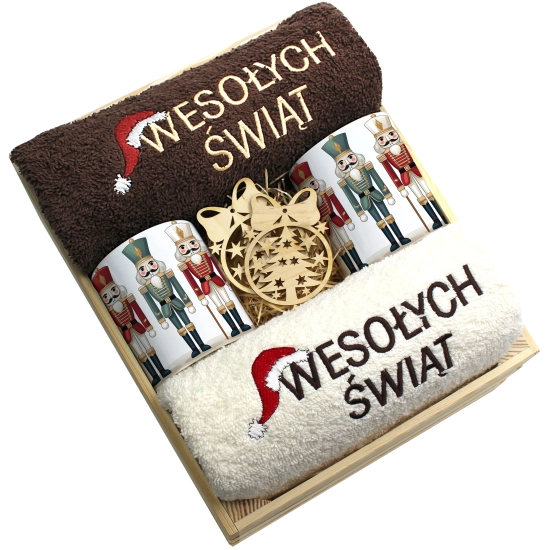 ZESTAW PREZENT ŚWIĄTECZNY KOMPLET KUBKI RĘCZNIKI W SKRZYNCE ŚWIĘTA MIKOŁAJ