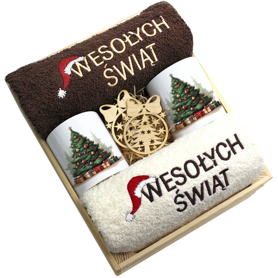 ZESTAW PREZENT ŚWIĄTECZNY KOMPLET KUBKI RĘCZNIKI W SKRZYNCE ŚWIĘTA MIKOŁAJ