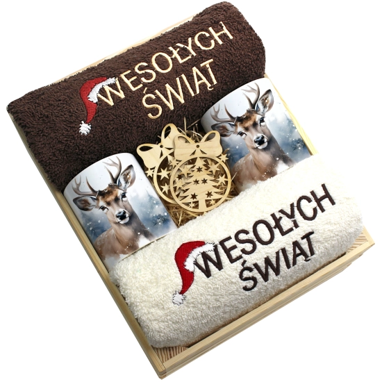 ZESTAW PREZENT ŚWIĄTECZNY KOMPLET KUBKI RĘCZNIKI W SKRZYNCE ŚWIĘTA MIKOŁAJ