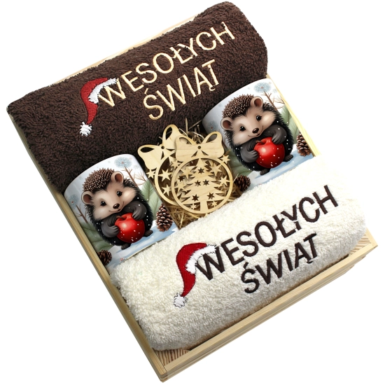 ZESTAW PREZENT ŚWIĄTECZNY KOMPLET KUBKI RĘCZNIKI W SKRZYNCE ŚWIĘTA MIKOŁAJ