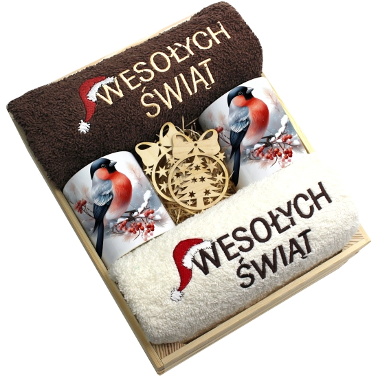 ZESTAW PREZENT ŚWIĄTECZNY KOMPLET KUBKI RĘCZNIKI W SKRZYNCE ŚWIĘTA MIKOŁAJ