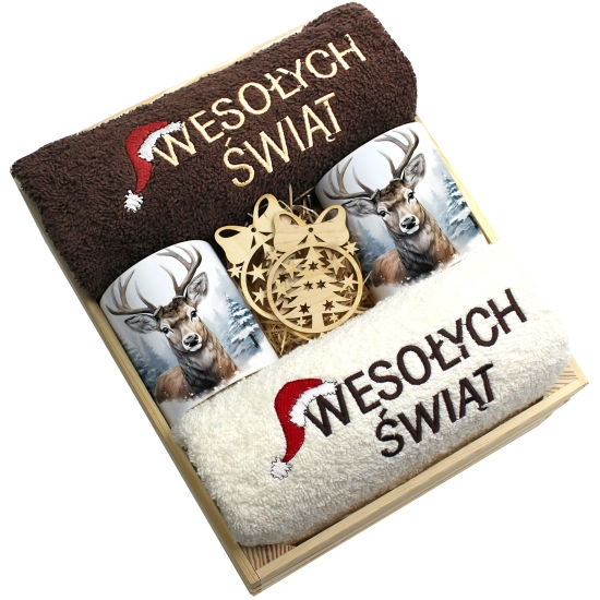 ZESTAW PREZENT ŚWIĄTECZNY KOMPLET KUBKI RĘCZNIKI W SKRZYNCE ŚWIĘTA MIKOŁAJ