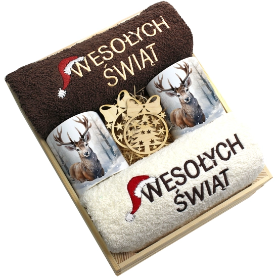 ZESTAW PREZENT ŚWIĄTECZNY KOMPLET KUBKI RĘCZNIKI W SKRZYNCE ŚWIĘTA MIKOŁAJ