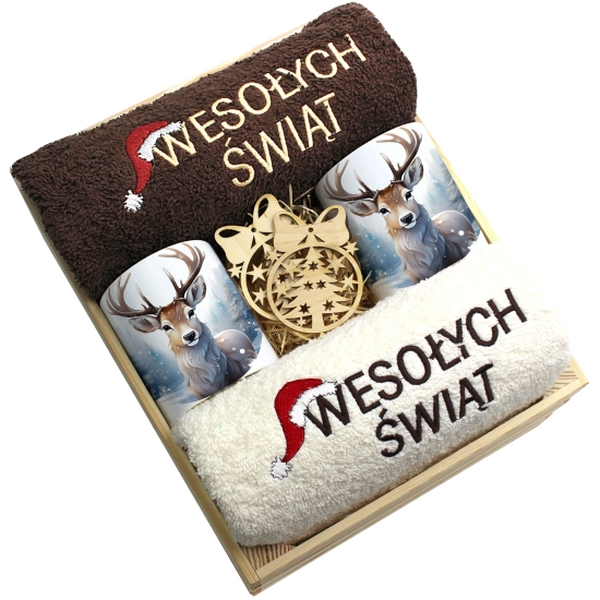 ZESTAW PREZENT ŚWIĄTECZNY KOMPLET KUBKI RĘCZNIKI W SKRZYNCE ŚWIĘTA MIKOŁAJ