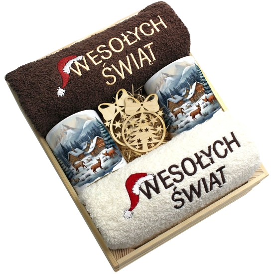 ZESTAW PREZENT ŚWIĄTECZNY KOMPLET KUBKI RĘCZNIKI W SKRZYNCE ŚWIĘTA MIKOŁAJ