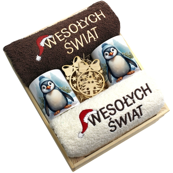 ZESTAW PREZENT ŚWIĄTECZNY KOMPLET KUBKI RĘCZNIKI W SKRZYNCE ŚWIĘTA MIKOŁAJ