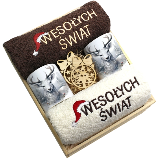 ZESTAW PREZENT ŚWIĄTECZNY KOMPLET KUBKI RĘCZNIKI W SKRZYNCE ŚWIĘTA MIKOŁAJ