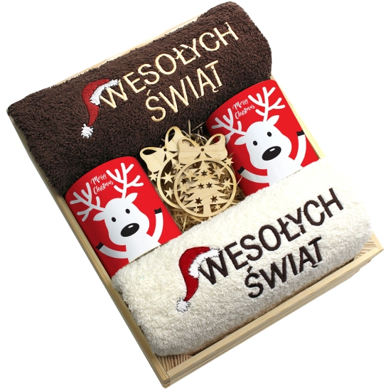 ZESTAW PREZENT ŚWIĄTECZNY KOMPLET KUBKI RĘCZNIKI W SKRZYNCE ŚWIĘTA MIKOŁAJ