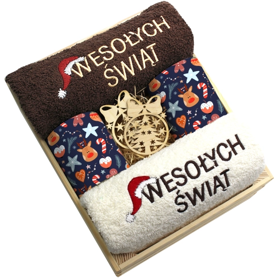 ZESTAW PREZENT ŚWIĄTECZNY KOMPLET KUBKI RĘCZNIKI W SKRZYNCE ŚWIĘTA MIKOŁAJ