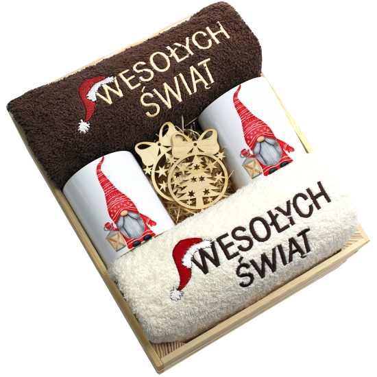 ZESTAW PREZENT ŚWIĄTECZNY KOMPLET KUBKI RĘCZNIKI W SKRZYNCE ŚWIĘTA MIKOŁAJ