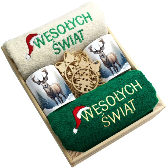 ZESTAW PREZENT ŚWIĄTECZNY KOMPLET KUBKI RĘCZNIKI W SKRZYNCE ŚWIĘTA MIKOŁAJ