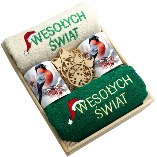 ZESTAW PREZENT ŚWIĄTECZNY KOMPLET KUBKI RĘCZNIKI W SKRZYNCE ŚWIĘTA MIKOŁAJ