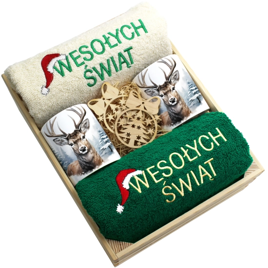 ZESTAW PREZENT ŚWIĄTECZNY KOMPLET KUBKI RĘCZNIKI W SKRZYNCE ŚWIĘTA MIKOŁAJ