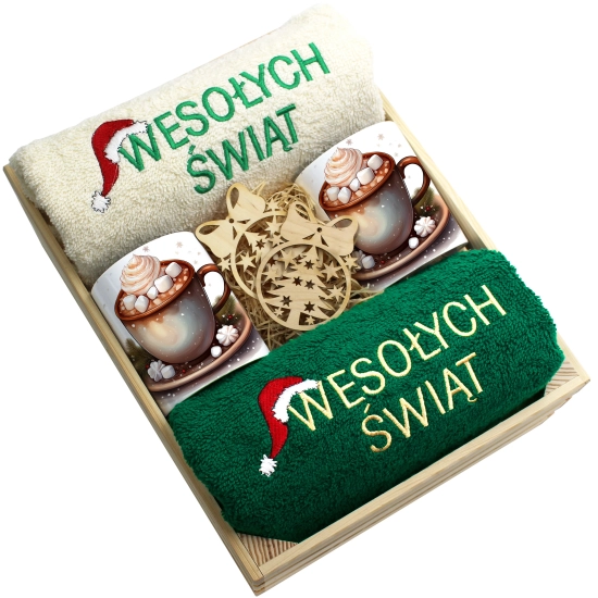 ZESTAW PREZENT ŚWIĄTECZNY KOMPLET KUBKI RĘCZNIKI W SKRZYNCE ŚWIĘTA MIKOŁAJ