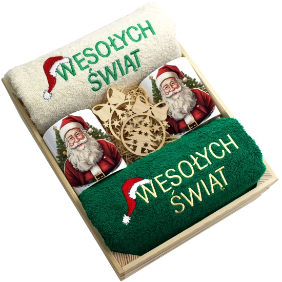 ZESTAW PREZENT ŚWIĄTECZNY KOMPLET KUBKI RĘCZNIKI W SKRZYNCE ŚWIĘTA MIKOŁAJ