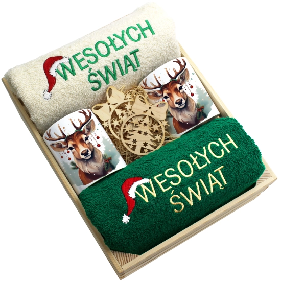 ZESTAW PREZENT ŚWIĄTECZNY KOMPLET KUBKI RĘCZNIKI W SKRZYNCE ŚWIĘTA MIKOŁAJ