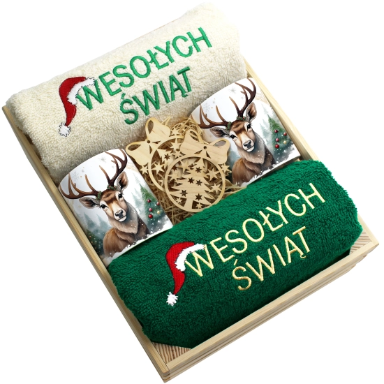 ZESTAW PREZENT ŚWIĄTECZNY KOMPLET KUBKI RĘCZNIKI W SKRZYNCE ŚWIĘTA MIKOŁAJ